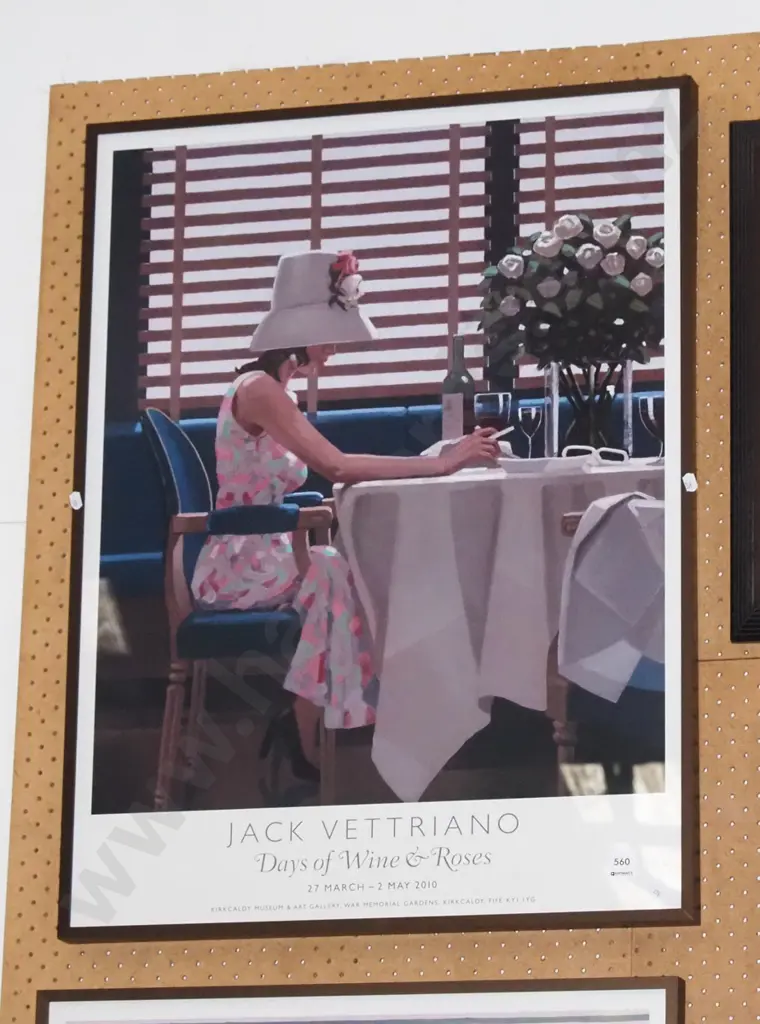 framed Jack Vettriano poster print - Days of Wine and Roses Exhibition print - woman at table H-750 W-560 Image 1++