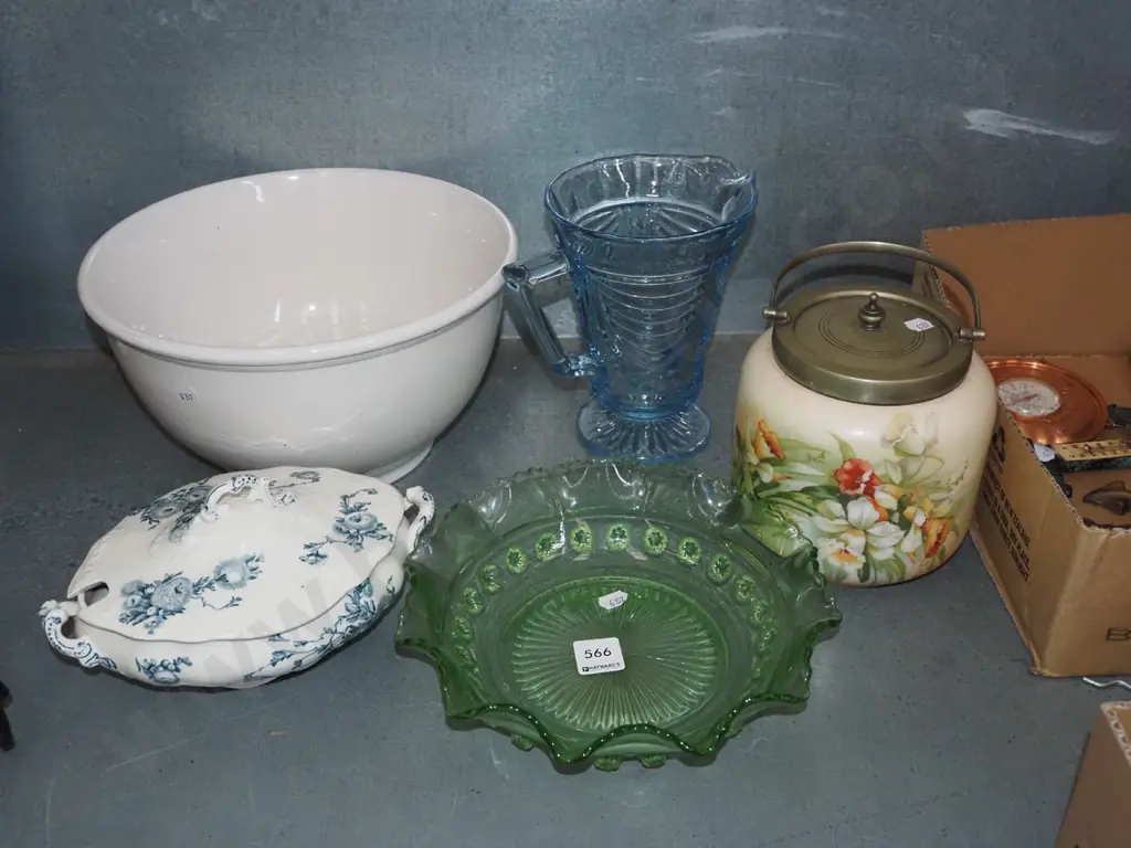 green glass bowl, blue glass jug, biscuit barrel, small soup tureen Image 1++