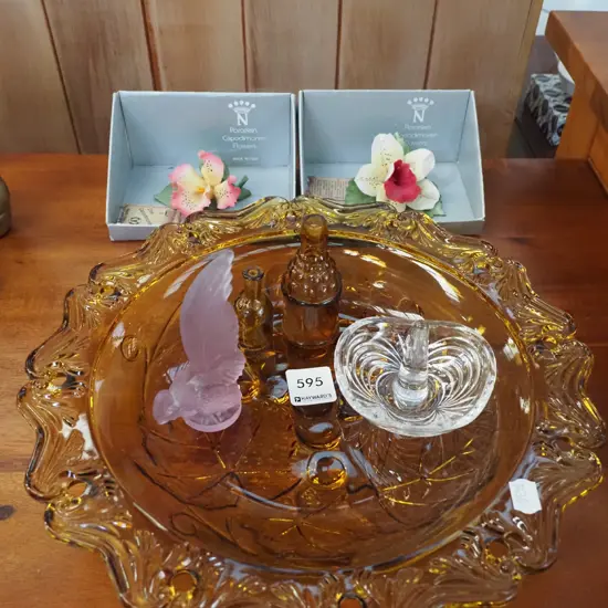 amber glass bowl, capodimonte flowers, ring dish etc