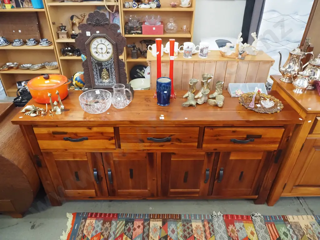 solid pine sideboard with 4 solid doors, 3 drawers, industrial style metal handles Image 1++