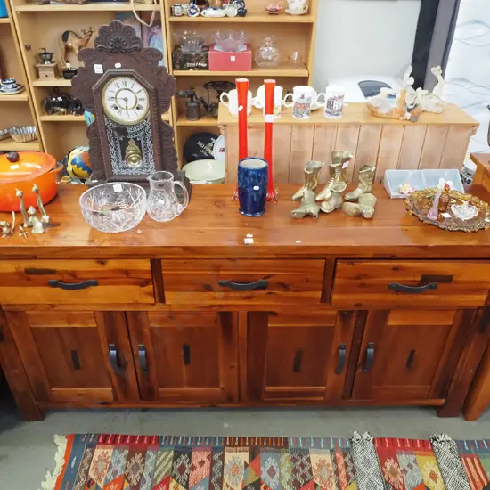 solid pine sideboard with 4 solid doors, 3 drawers, industrial style metal handles