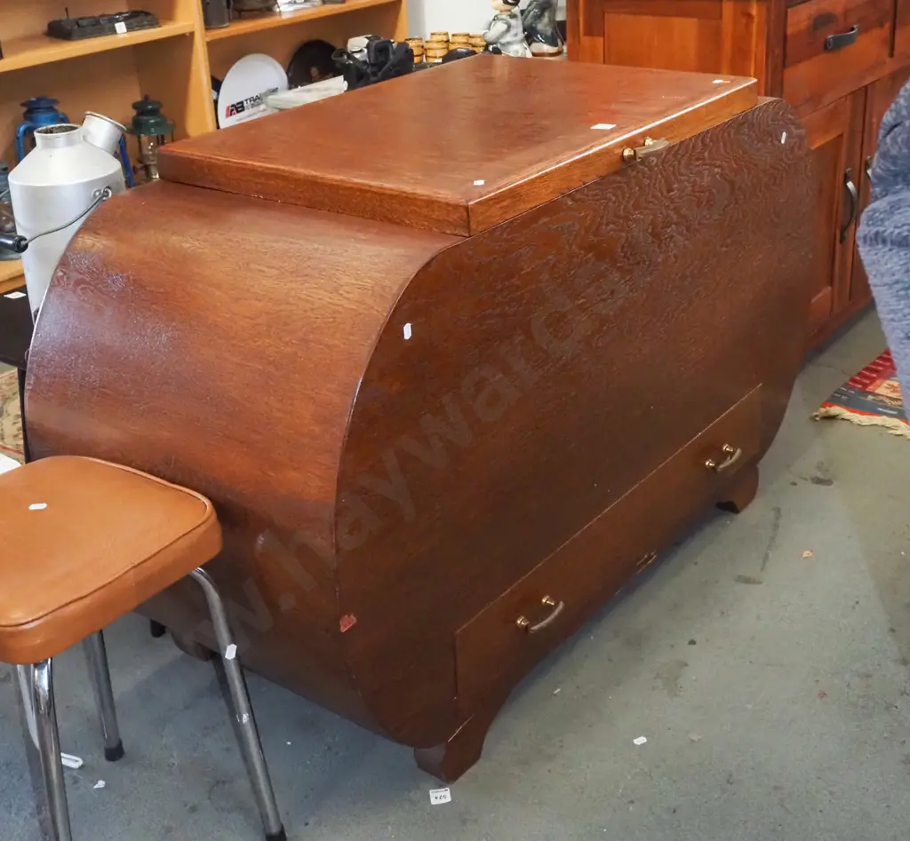 large deco oak veneer blanket box with lower drawer - some damage to face H-760 W-1230 D-510 Image 1++