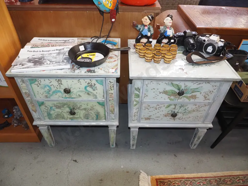 pair of 2 drawer bedside cabinets with French themed botanical mirrored print finish Image 1++