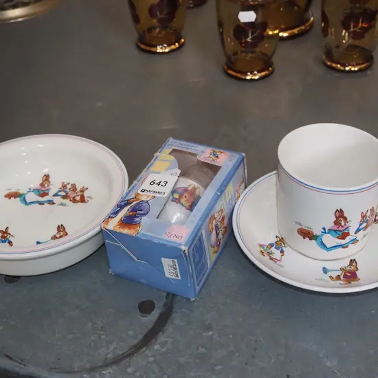 Crown Lynn bunny plate, bowl, cup, Peter Rabbit egg cup