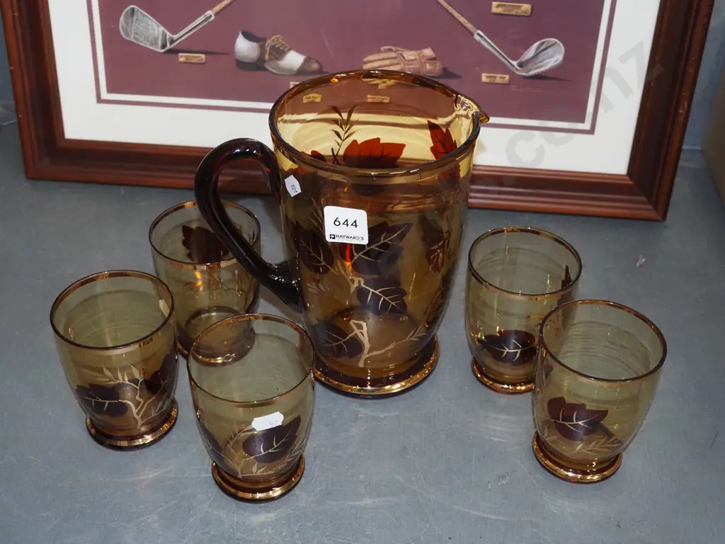 amber glass and gold grape patterned water jug and 4 tumblers Image 1++