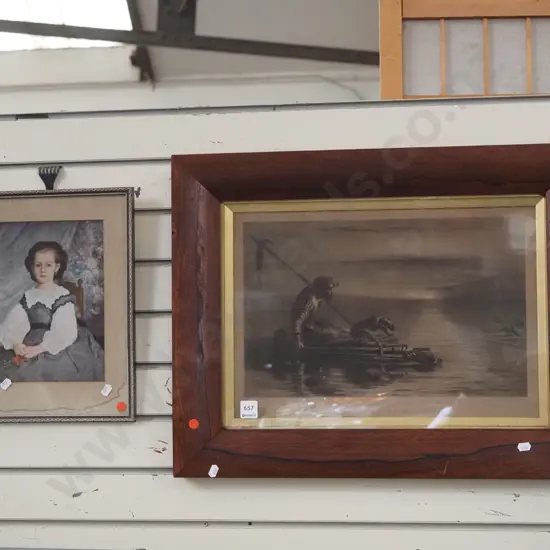 2x framed prints- portrait of young lady man and dog on raft -red dots