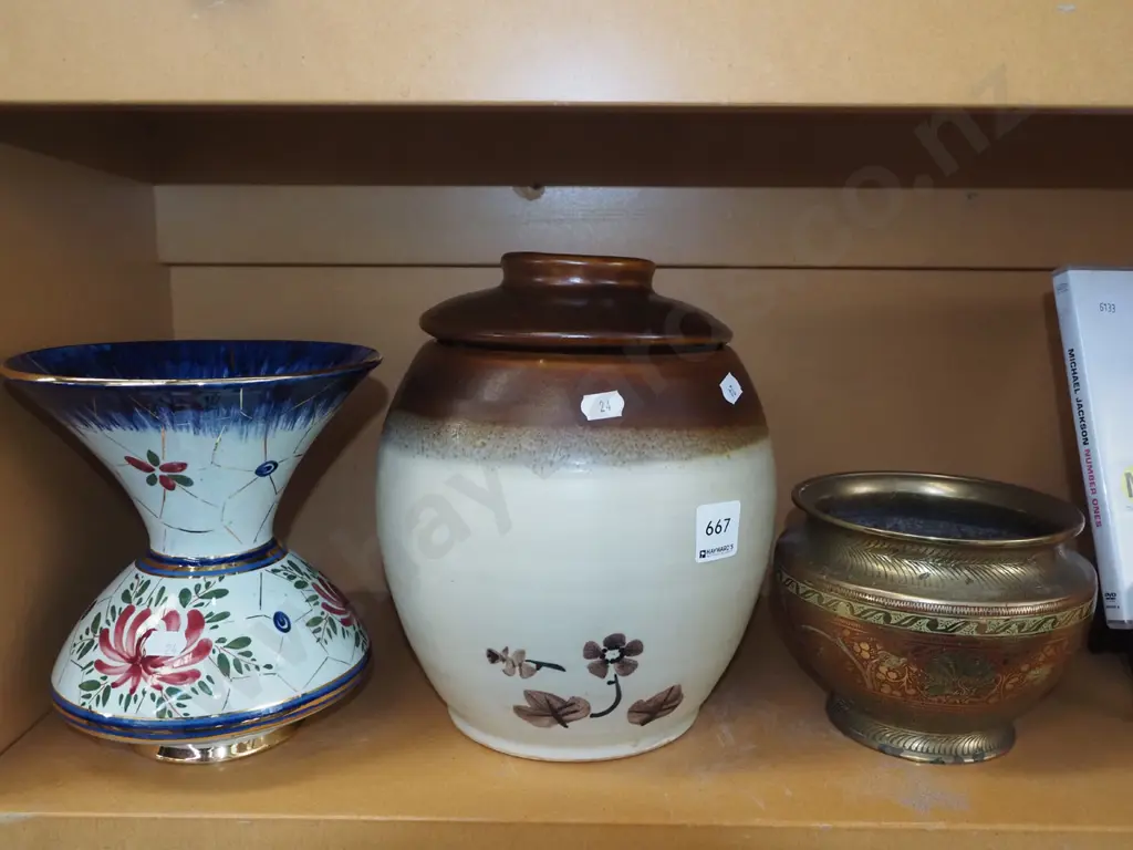 brass jardiniere, storage canister, hand painted Dutch vase Image 1++