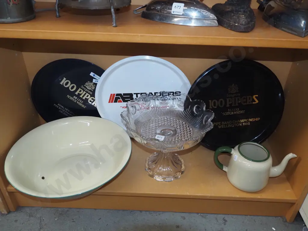 large enamel bowl, glass comport, plastic trays, enamel teapot - no lid Image 1++