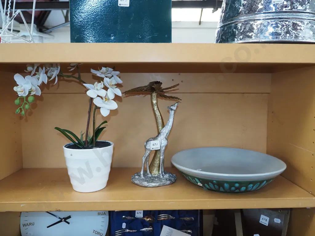 large studio pottery bowl, faux orchids, giraffe ornament Image 1++