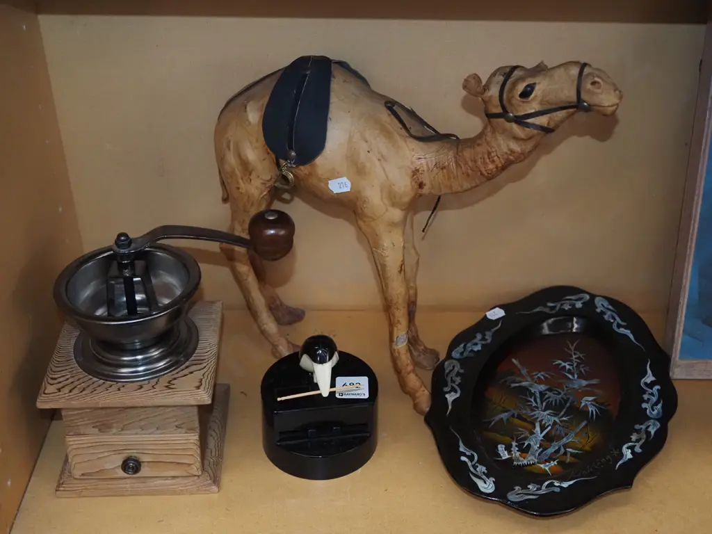 camel figurine, coffee mill, novelty toothpick dispenser, mother of pearl inlay tray Image 1++
