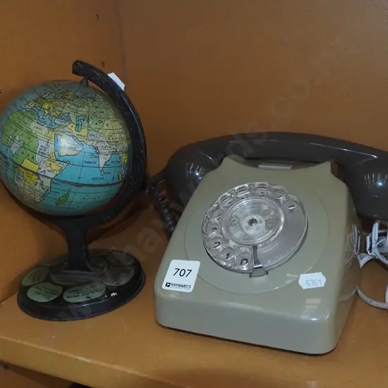 dial telephone, small metal world globe H-210