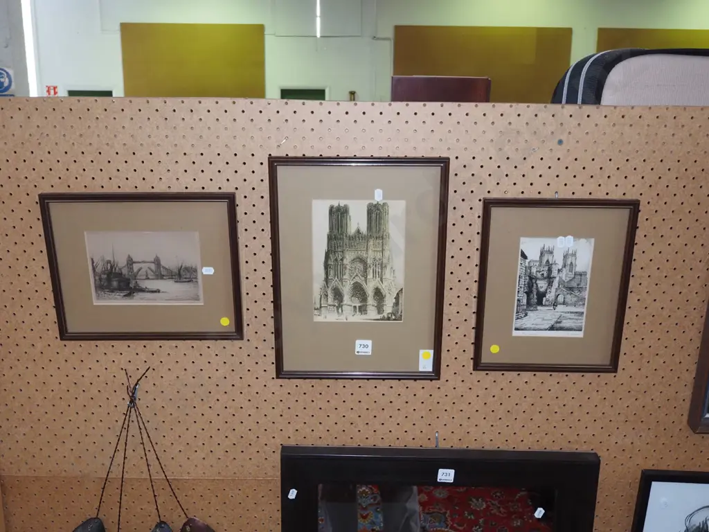 3x etchings - European scenes - yellow dots Image 1++