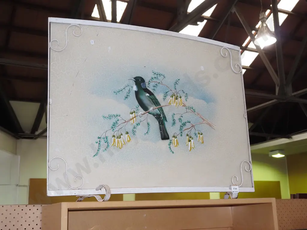 mid century bent metal firescreen - tui and kowhai branch Image 1++