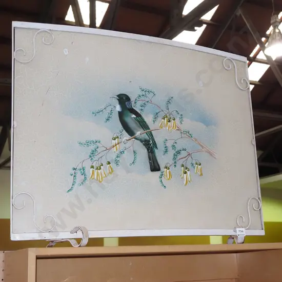 mid century bent metal firescreen - tui and kowhai branch