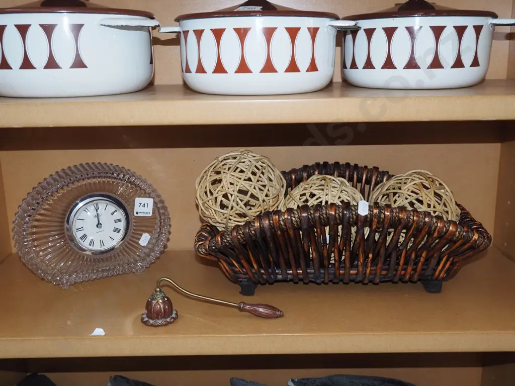 candle snuffer, crsytal mantle clock, cane basket etc Image 1++