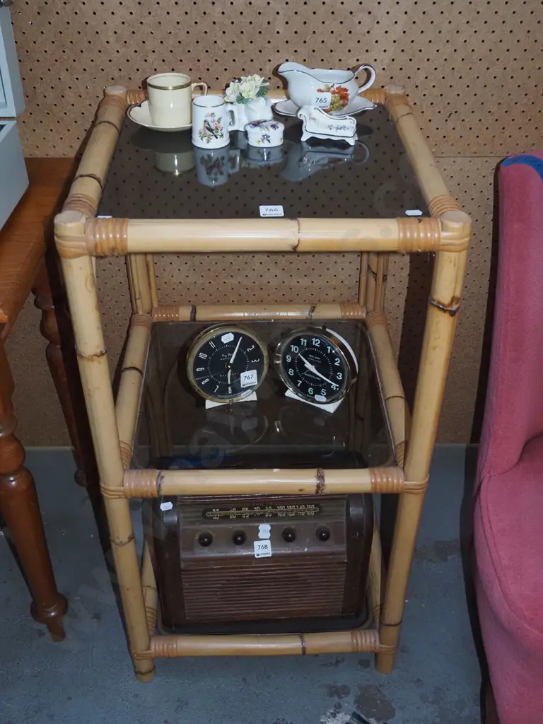 bamboo and smoked glass 3 tier shelves H-840 W-440 D-440 Image 1++