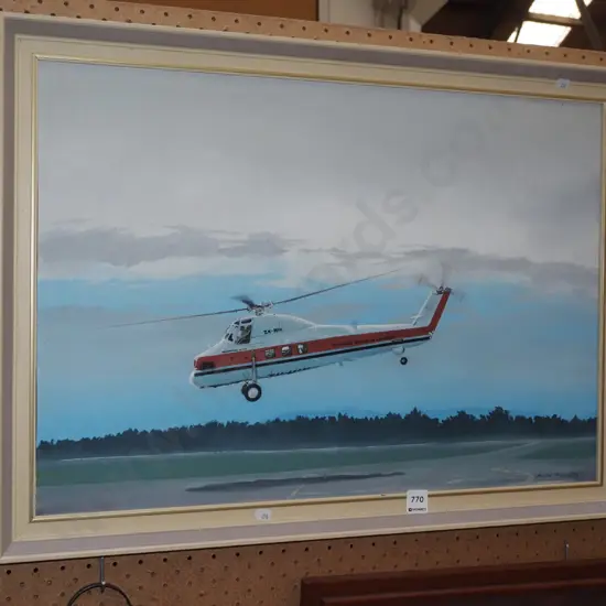 framed oil on board - helicopter - foxing