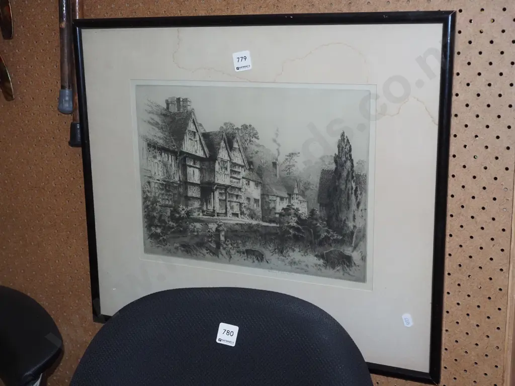 framed etching - Tudor houses - staining to mat Image 1++