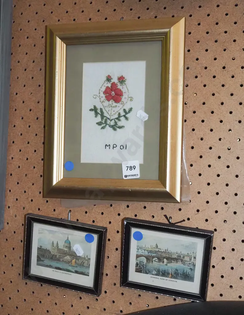 framed needlework, 2x very small London prints - blue dots Image 1++