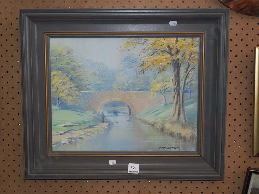 framed oil on board - canal boat and bridge Image 1++