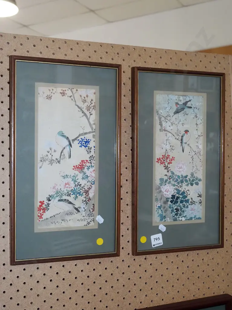 2x small framed watercolours on silk - birds - 1 has significant foxing Image 1++