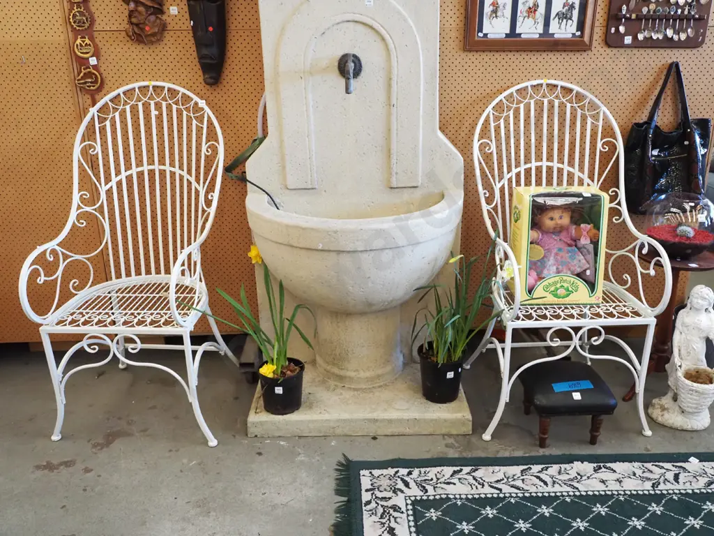 2x white wrought metal outdoor chairs Image 1++