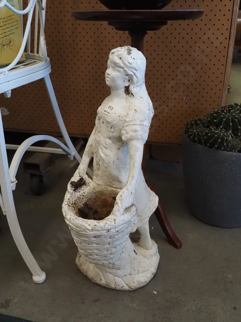 white painted concrete jardiniere/ornament - girl with baske t H530 Image 1++