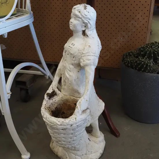 white painted concrete jardiniere/ornament - girl with baske t H530
