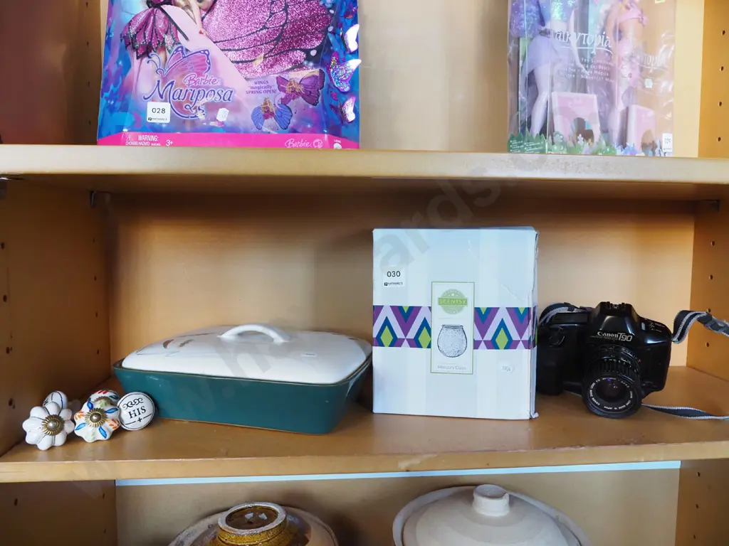 Denby Green Wheat casserole, cupboard handles,  Mercury glass aromatherapy wax warmer, Canon 35mm camera Image 1++