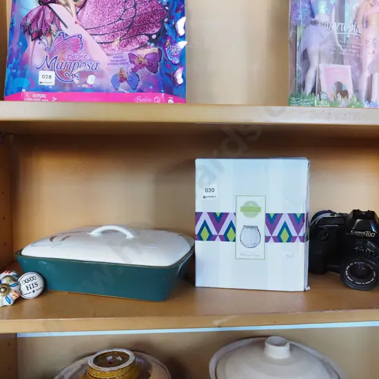 Denby Green Wheat casserole, cupboard handles,  Mercury glass aromatherapy wax warmer, Canon 35mm camera