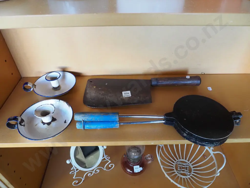 butcher's cleaver (borer in handle), chambersticks, toastie pie Image 1++