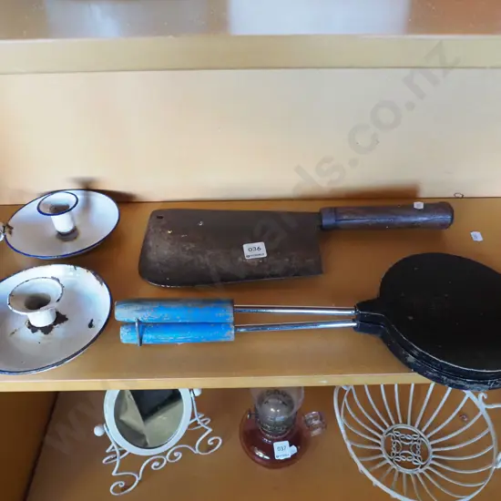 butcher's cleaver (borer in handle), chambersticks, toastie pie