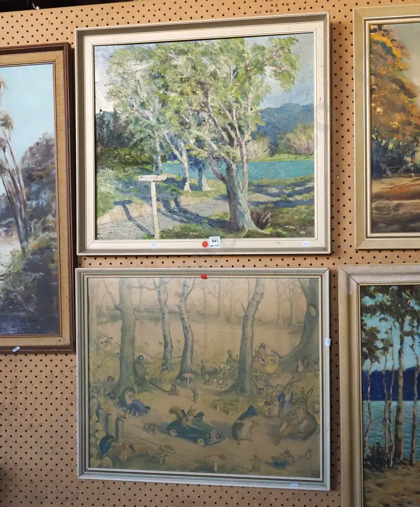 framed oil - tress and pond, faded childs print - red dots Image 1++