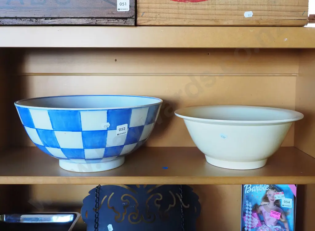 large blue and white fruit bowl, yellow glazed mixing bowl Image 1++