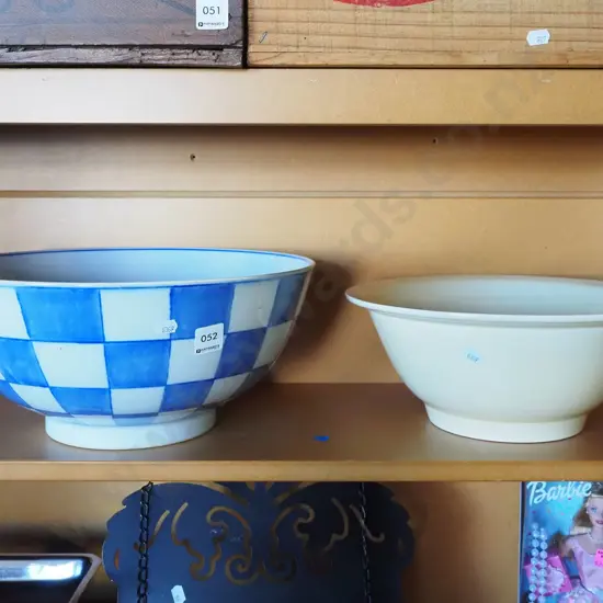 large blue and white fruit bowl, yellow glazed mixing bowl