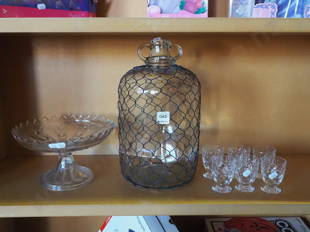 glass comport, cut crystal shot glasses, wire encased demi-john Image 1++