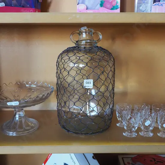 glass comport, cut crystal shot glasses, wire encased demi-john