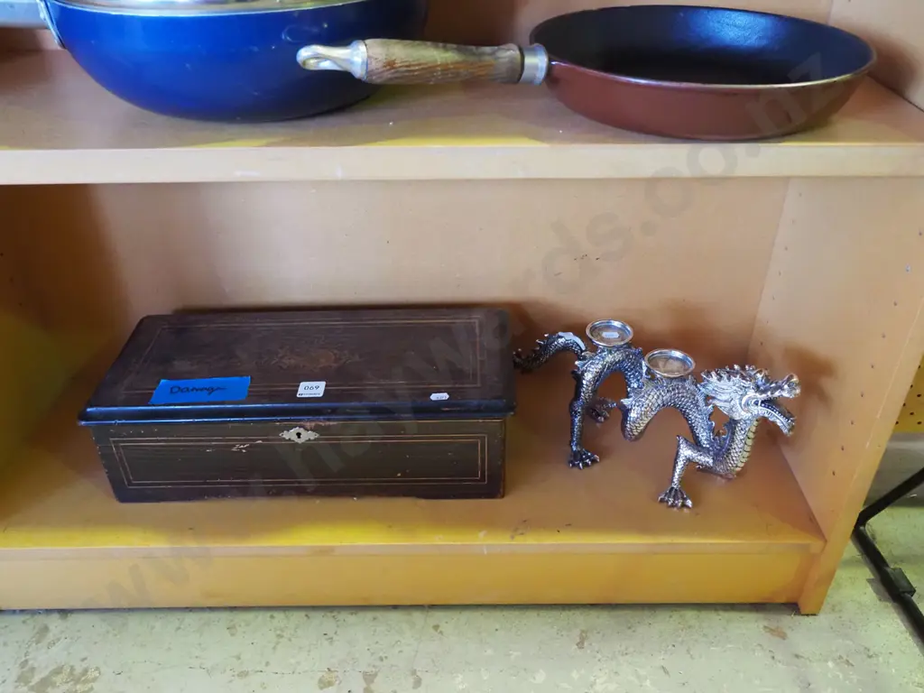marquetry jewellery box - some damage, dragon themed candelabra Image 1++
