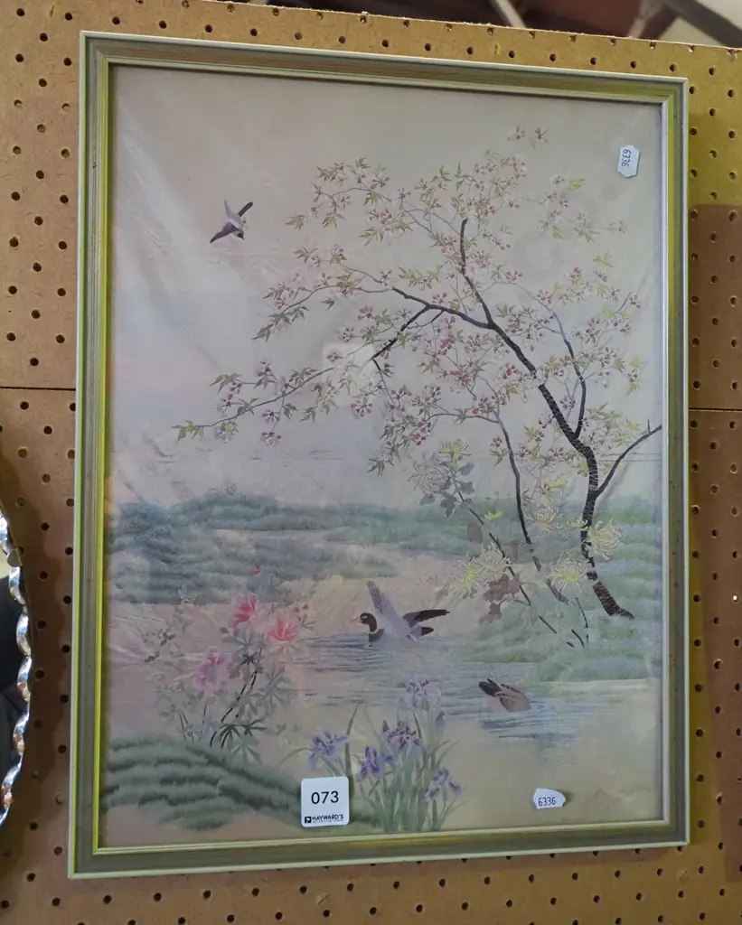 framed Asian needlework - ducks and cherry blossom - stains Image 1++