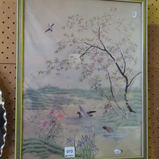 framed Asian needlework - ducks and cherry blossom - stains