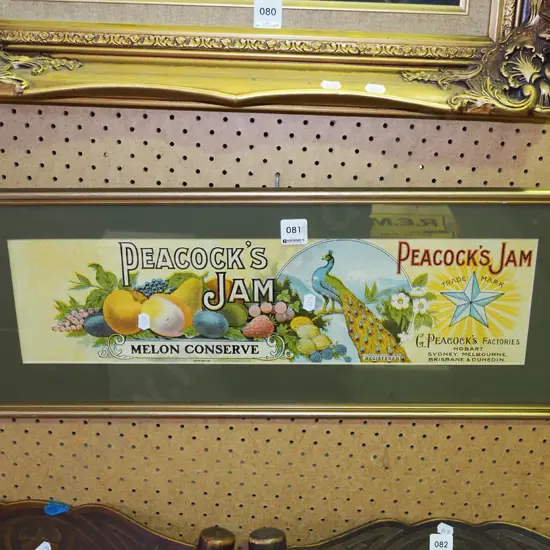 framed Peacocks Jam label