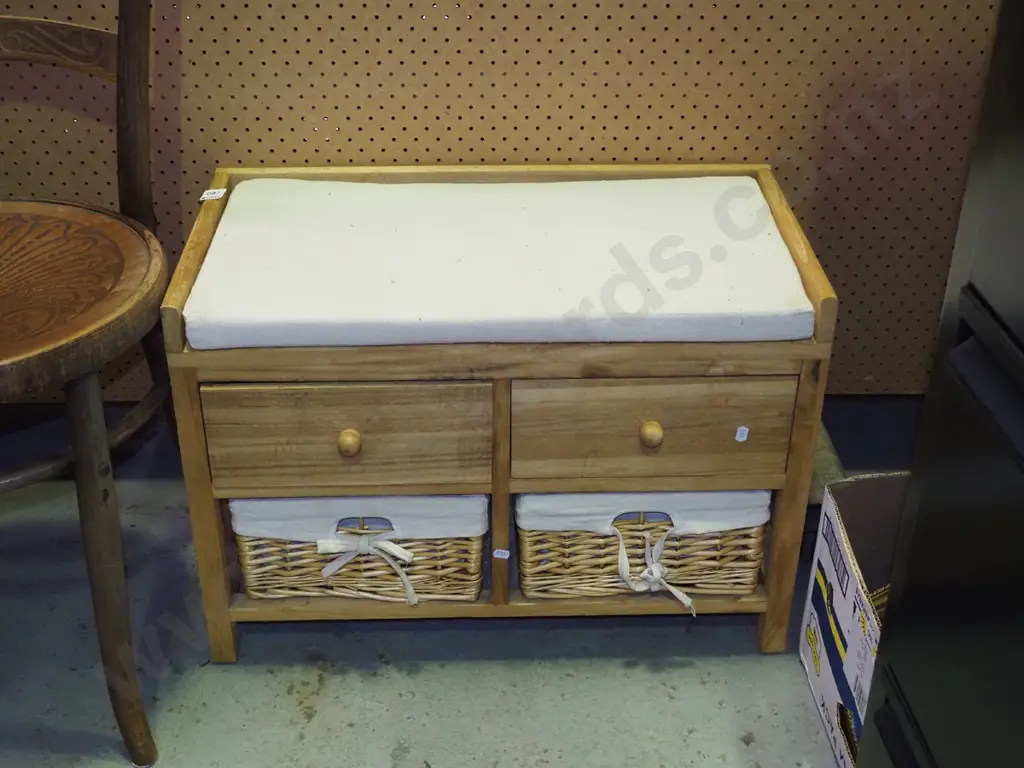 small calico solid bench seat with 2 cane baskets and 2 drawers H460 W640 D335 Image 1++