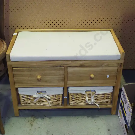 small calico solid bench seat with 2 cane baskets and 2 drawers H460 W640 D335