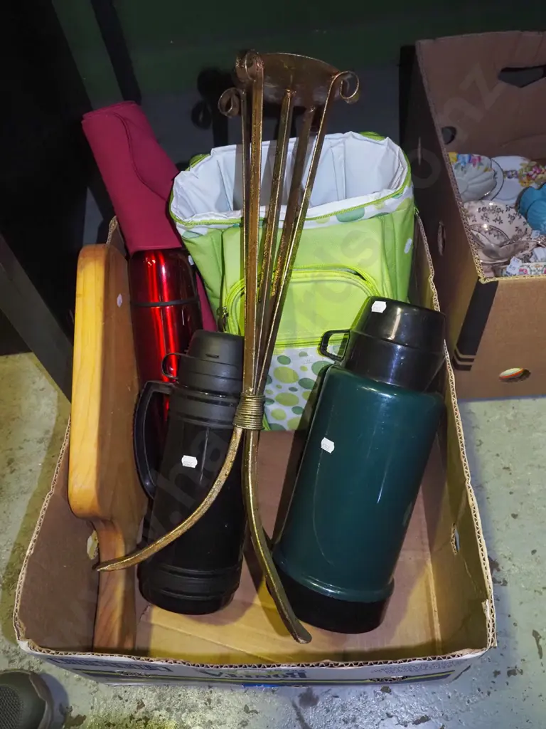 box; tall metal candlesticks, thermoses, picnic backpack etc Image 1++