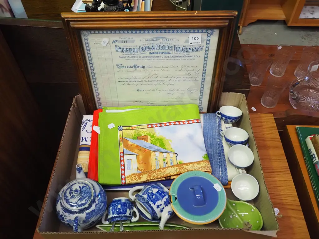 box; tea towels, part miniature tea set etc Image 1++