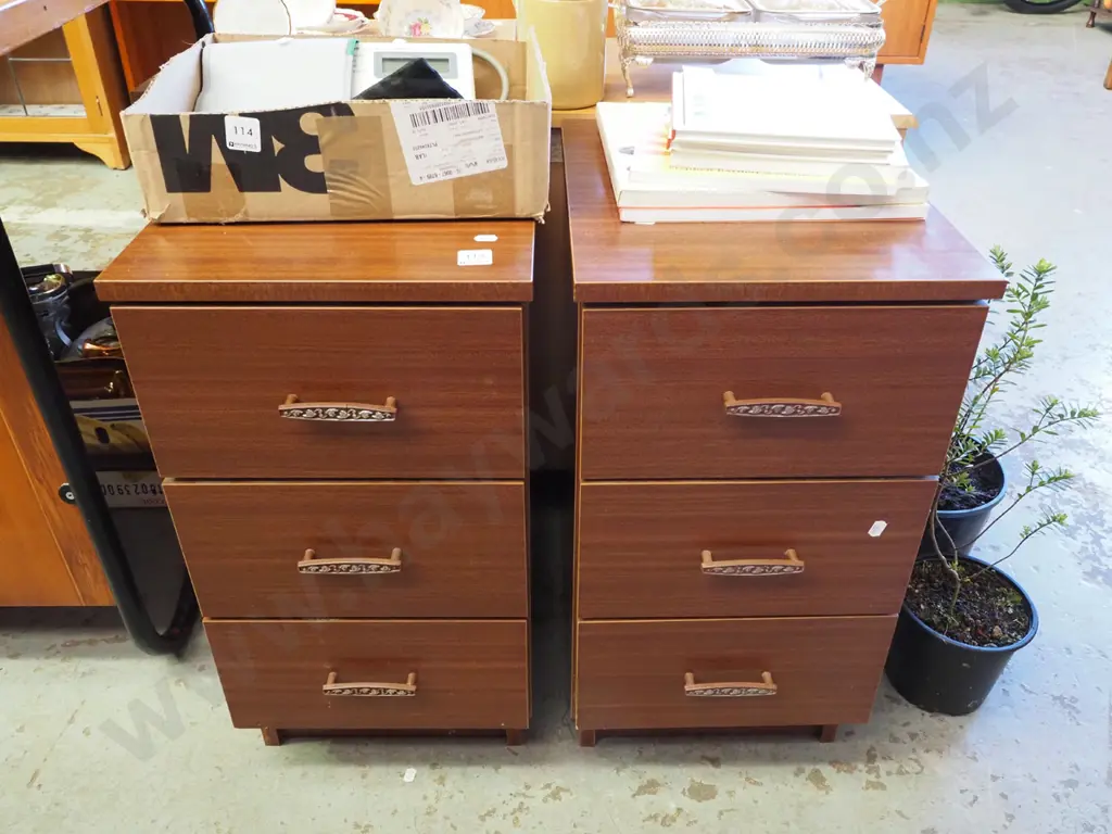pair of pine and faux wood 3 drawer bedside cabinets Image 1++