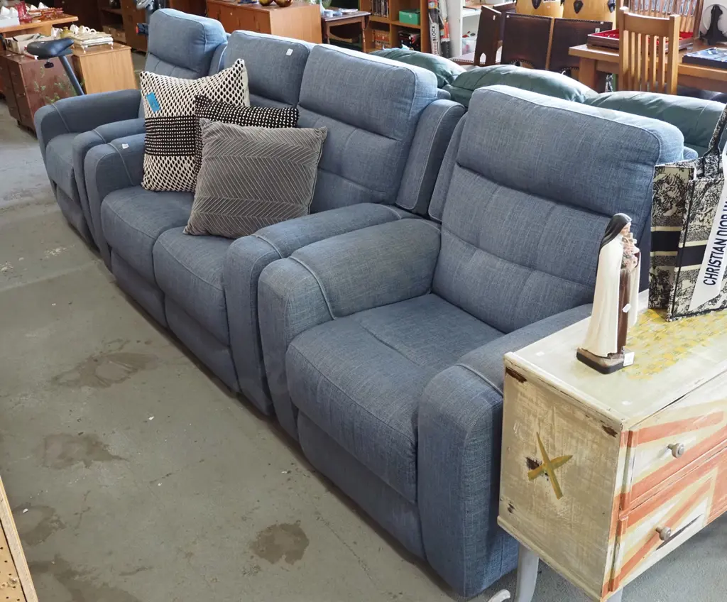 modern blue upholstered electric reclining 3 piece lounge suite - excellent condition Image 1++