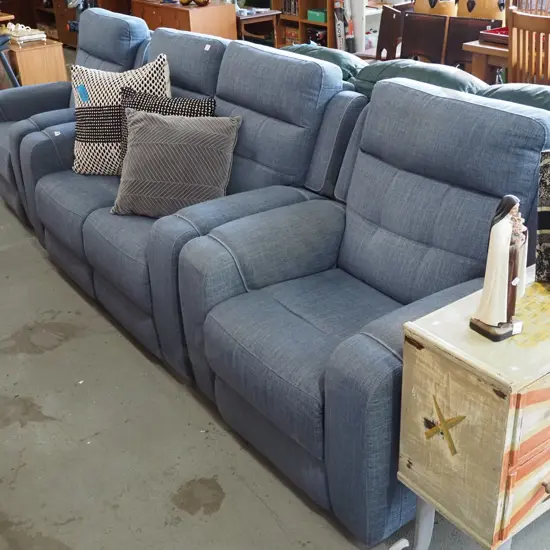 modern blue upholstered electric reclining 3 piece lounge suite - excellent condition