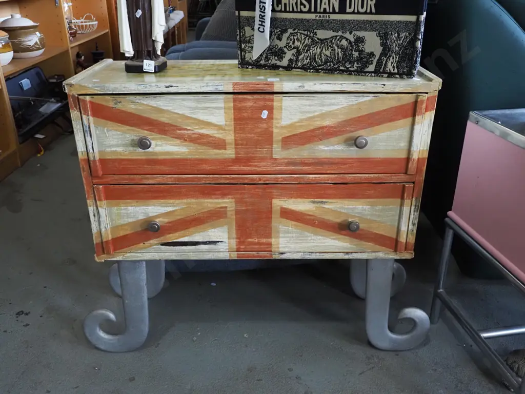 unusual decorated 2 door chest with curved metal legs - distressed union jack on front Image 1++