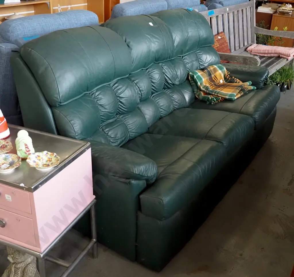green leather 3 seater settee - slight scratches, signs of aging Image 1++